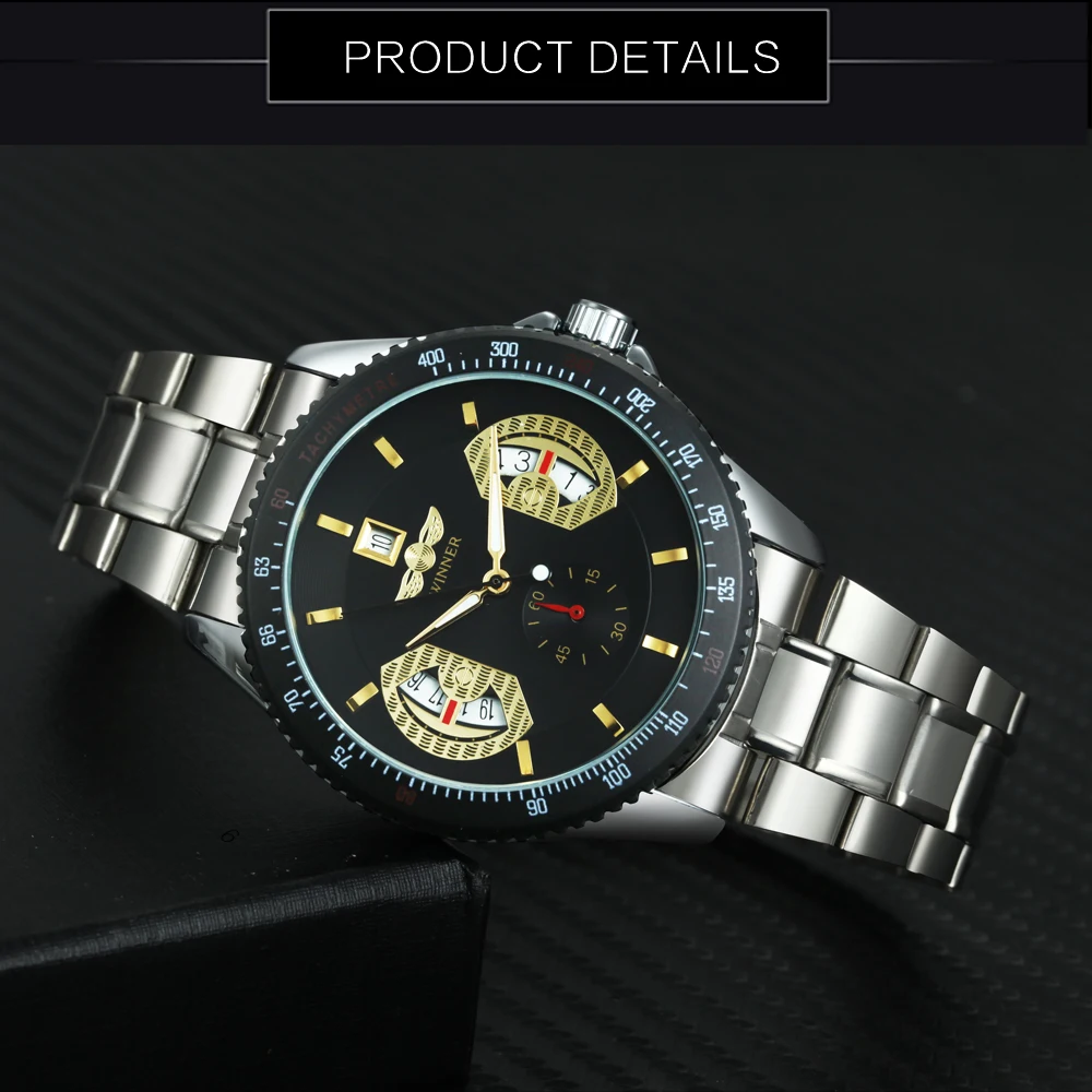 

WINNER Men Automatic Mechanical Watch Stainless Steel Strap Working Sub-dial Date Display Luxury Waterproof Reloj Hombre