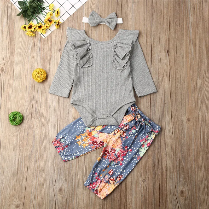 3pieces Newborn Baby Girl Clothes Set Solid Gray Yellow Red Bodysuits For Girls Print Pants Hairbands Outfit Newborn Clothes Set - Цвет: Серый
