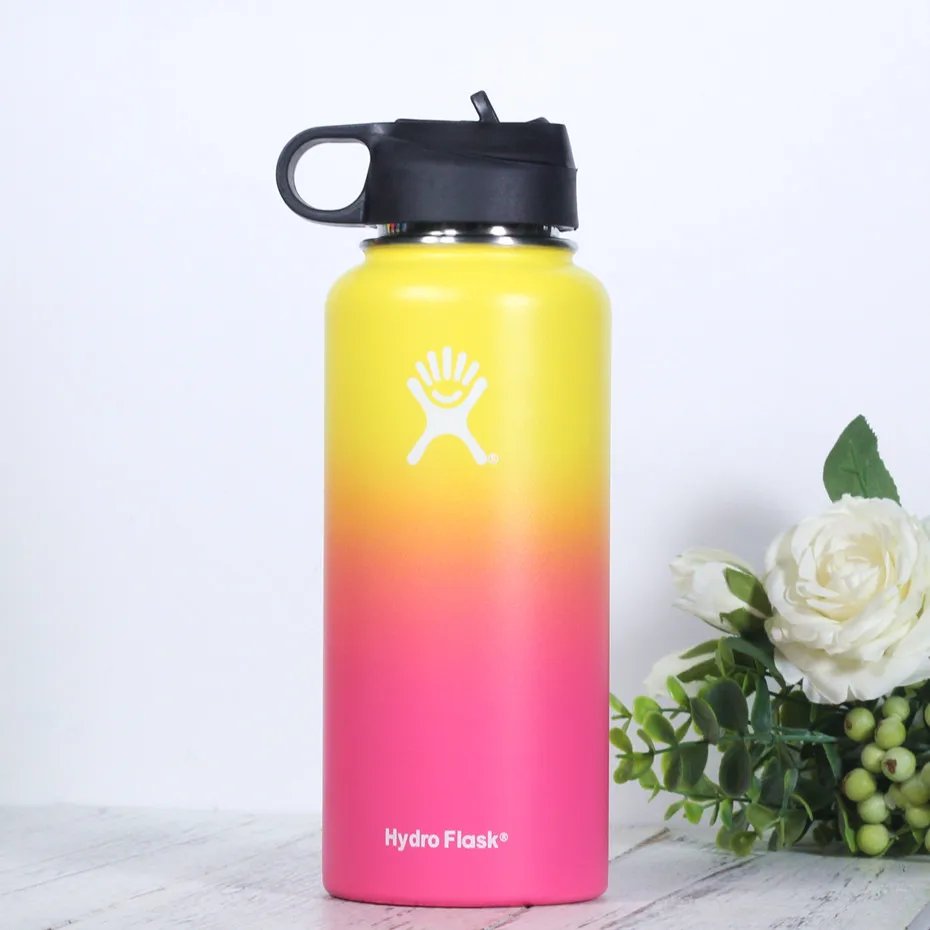 Stainless Steel Water Bottle Hydro Flask Water Bottle Vacuum Insulated Wide Mouth Travel Portable Thermal Bottle 32oz - Цвет: Yellow pink