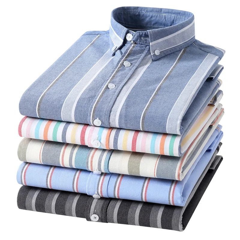 Camisa a cuadros a rayas Oxford de algodón puro para hombre, camisa informal de negocios de manga larga, camisa con botones, 100%