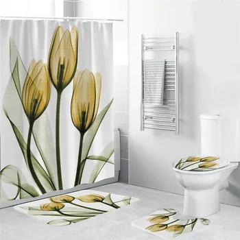 

Colorful Tulip Flowers Shower Curtain Sets with Non-Slip Rugs Toilet Lid Cover and Bath Mat Waterproof Bathroom Curtains Set