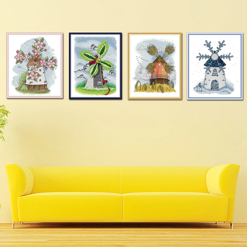 Joy Sunday Four seasons windmill FA045FA046FA047FA048 Counted and Stamped Home Decor Spring Summer Autumn Winter Cross Stitch