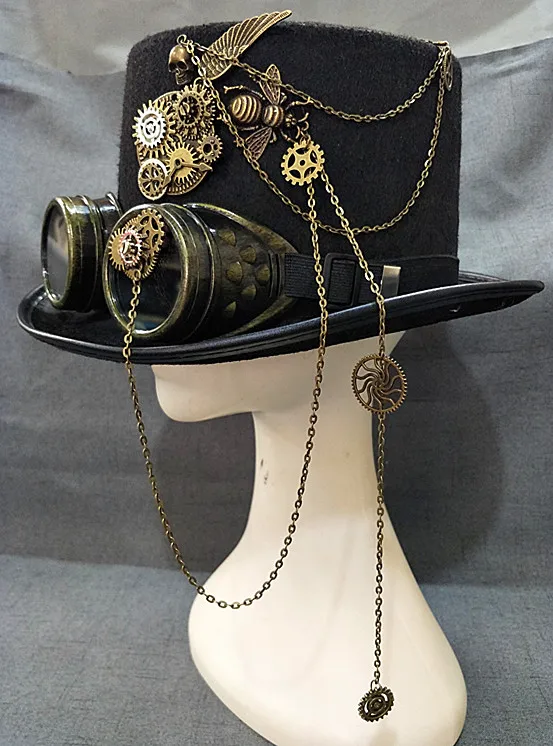 

Punk Black Fedora Steampunk Gears Spikes Leather Men/Women Top Hat With Googles Gothic Party Festival Hats Accessories