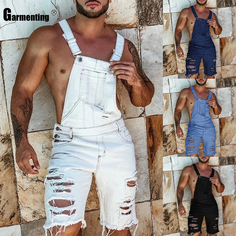 

Garmenting Men's Short Jeans Casual Demin Overalls Hole Ripped Strappy Jeans Knee Length Trousers New Fashion Men Suspend Romper