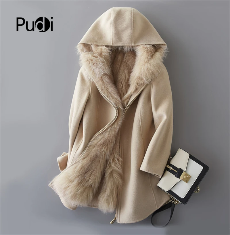 

PUDI ZY391 Women real wool fabric coat lady fox fur lining with hood leisure Fall/Winter wool long outwear