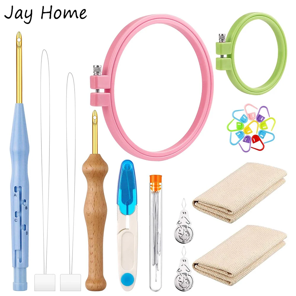 

30Pcs Punch Needle Embroidery Kits Rug Yarn Punch Needle Embroidery Cloth Hoop Ring Needle Threader for DIY Sewing Stitching
