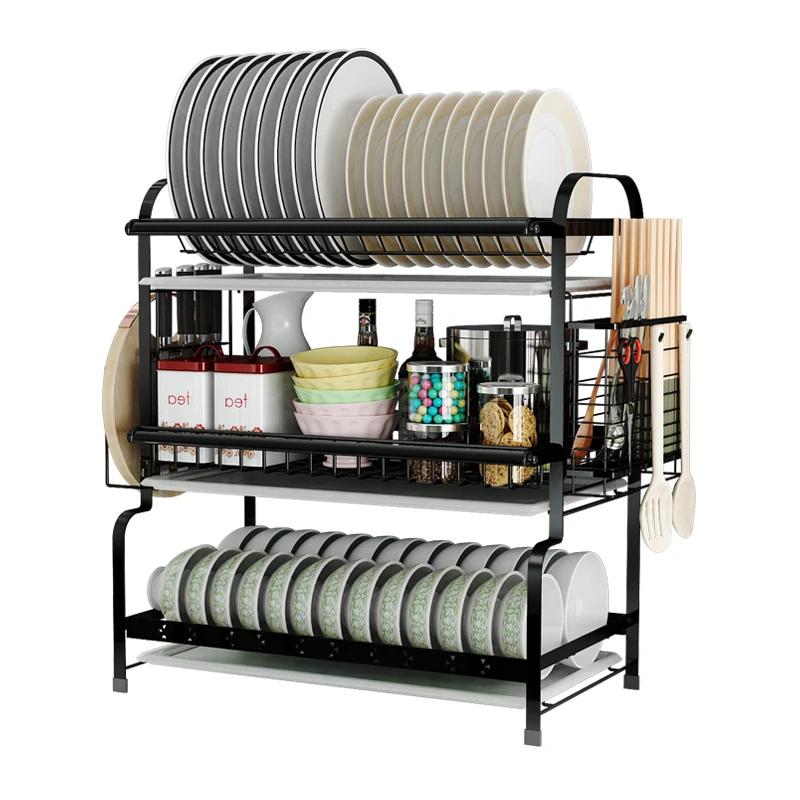Kitchen racks dishes dish stainless steel tableware drain rack multi-function household three-tier countertop bowl storage box