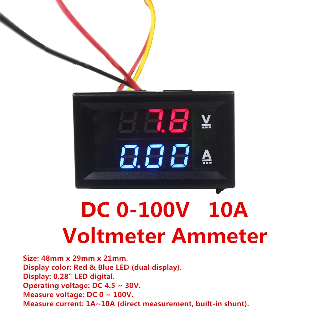 Digital Red LED Voltage Meter DC100V 10A Voltmeter Ammeter Blue+Red LED Amp HV