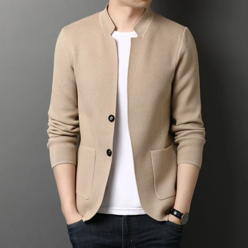 Chaqueta de suéter para hombre, chaqueta fina de moda coreana, chaqueta de cuello alto para usar, cárdigan