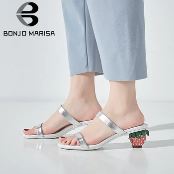 

BONJOMARISA Female Genuine Leather Open Toe Pumps Slip On Style Strange Sandals Women 2020 Strawberry Fashion Shoes Woman