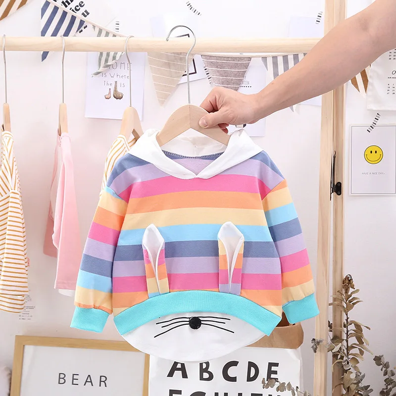 Детская одежда с капюшоном для девочек; Новинка года; Осенняя Корейская одежда для девочек; Свободная рубашка с капюшоном и радугой для маленьких девочек - Цвет: Light Rabbit