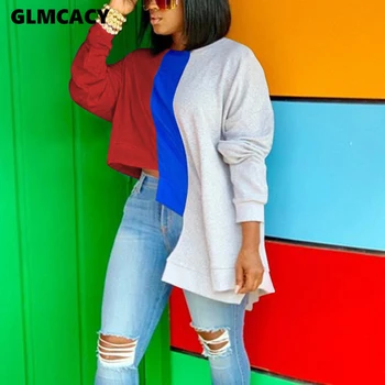 

Women Long Sleeve O Neck High Streetwear Colors Block Shirt Tops Irregular Design Chic Casual Autumn Tops Tee