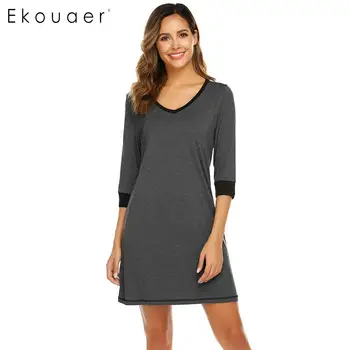 

Ekouaer Women Chemise Sleepshirts Night Dress V-Neck 3/4 Sleeve Patchwork Sleepwear Dress Female Lounge Nightgown Homewear