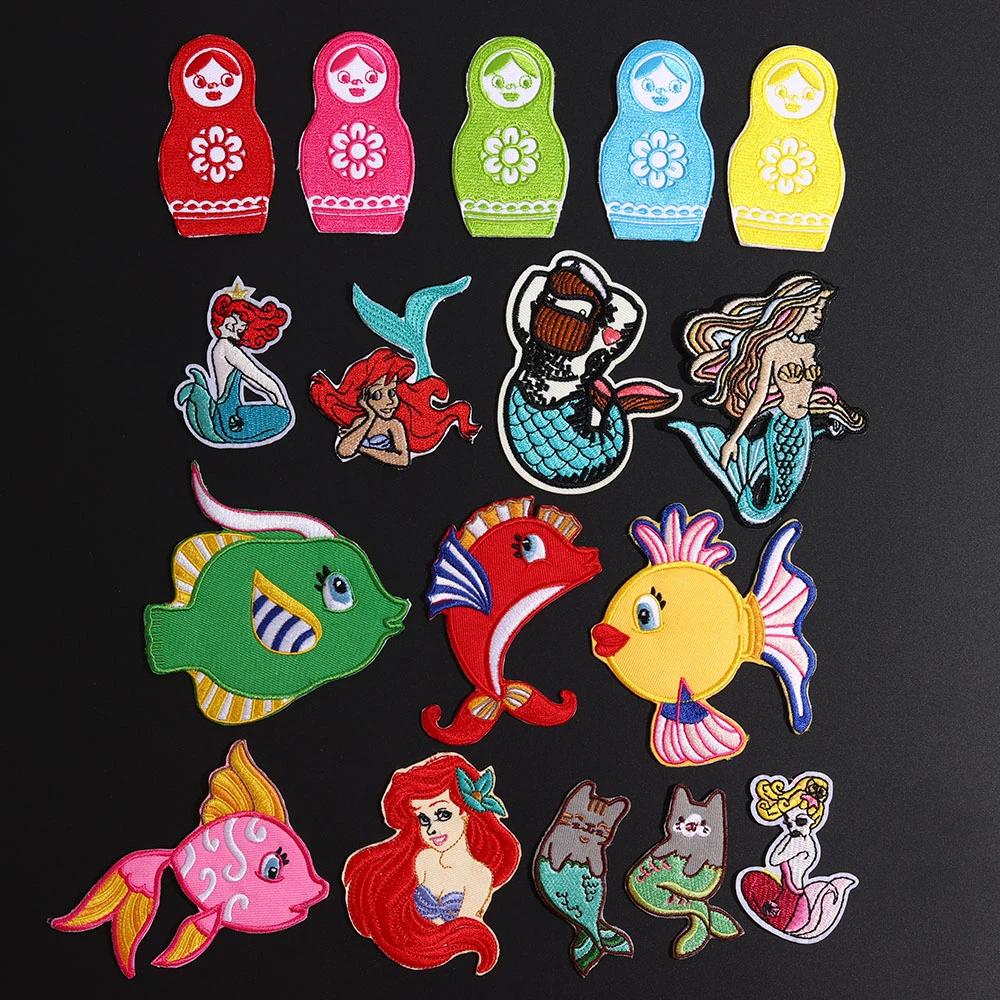 

High Quality Fashion Russia Toys Embroidery Fish Patch Mermaid Diy Clothes Stickers Iron on Pacthes for Clothing T shirt Decor