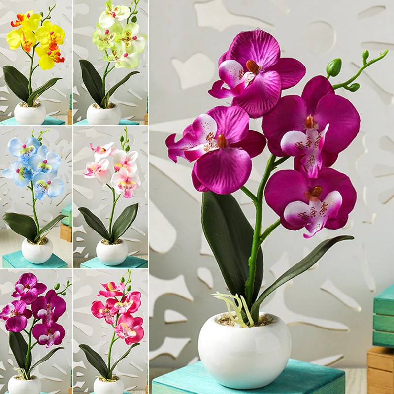 Artificial Flower Four Heads Fake Potted Plant Phalaenopsis Bonsai Decoration Cheap Fake Flowers For Home Wedding Decor Indoor