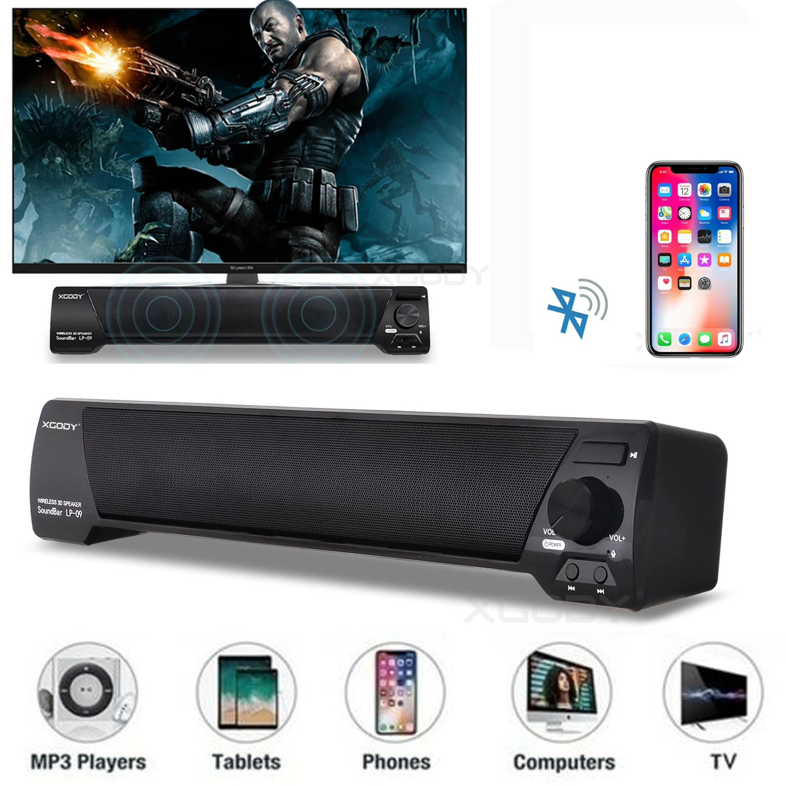 XGODY Soundbar LP 09 เชื่อมต่อกับ MP3 เครื่องเล่นทีวีแล็ปท็อปพีซีสมาร์ท