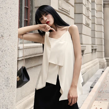 

pre sale 2020 French style beige tank tops for women summer new all-match niche design sleeveless irregular tops U464