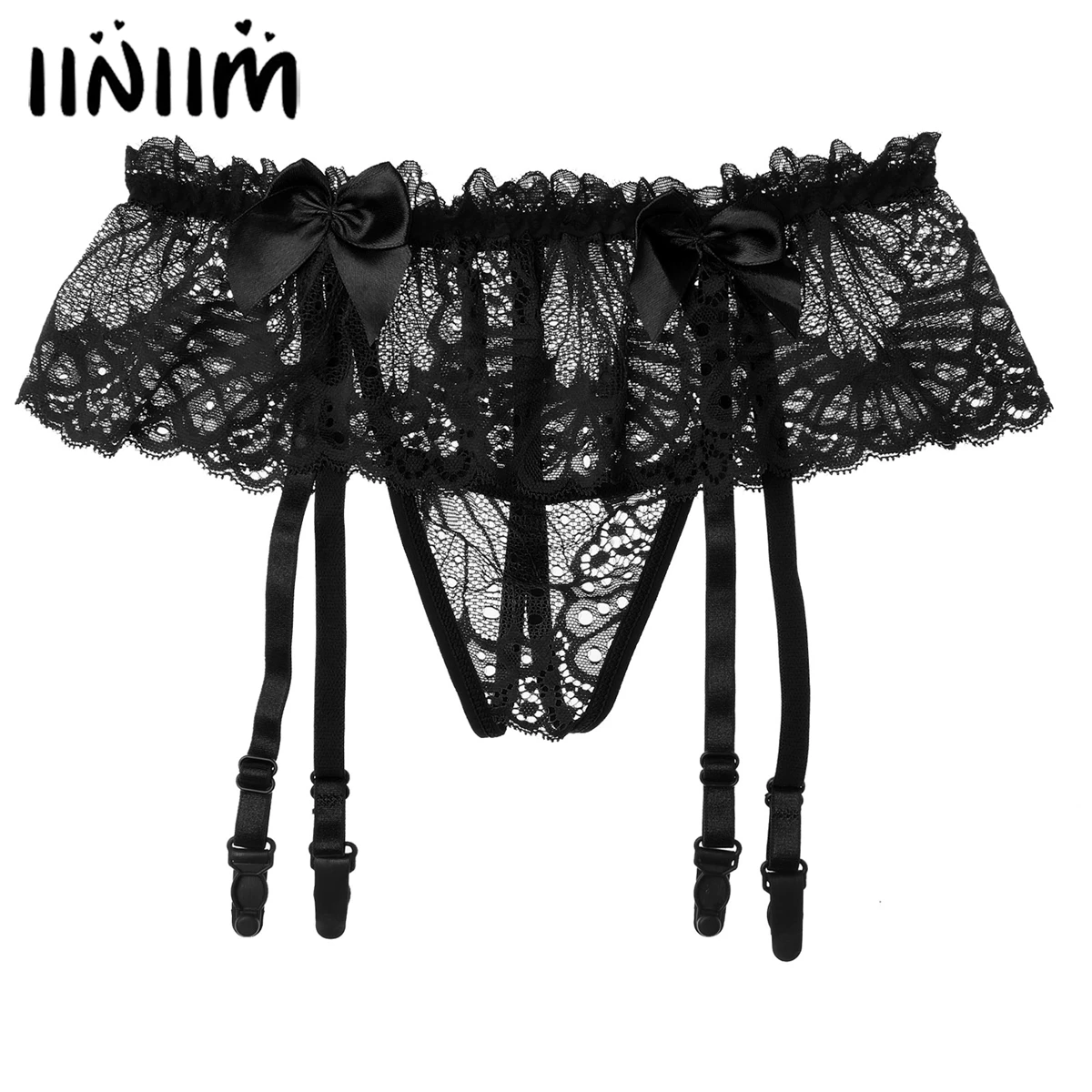 

Sissy Men Panties See-through Lace Skirted Thongs Bowknot Elastic Underpants Gay Underwear Crotchless G-String with Garter Belt