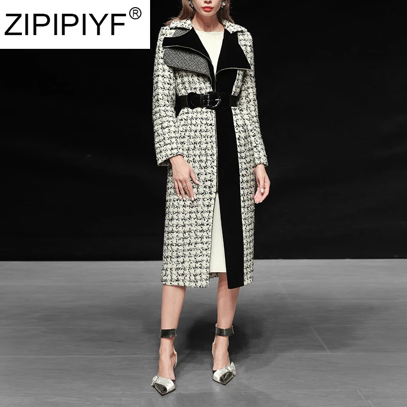 Зимняя мода Европейский Американский мозаичный неправильный дизайн лацкана модное женское длинное твидовое пальто на молнии типа кокона C2136