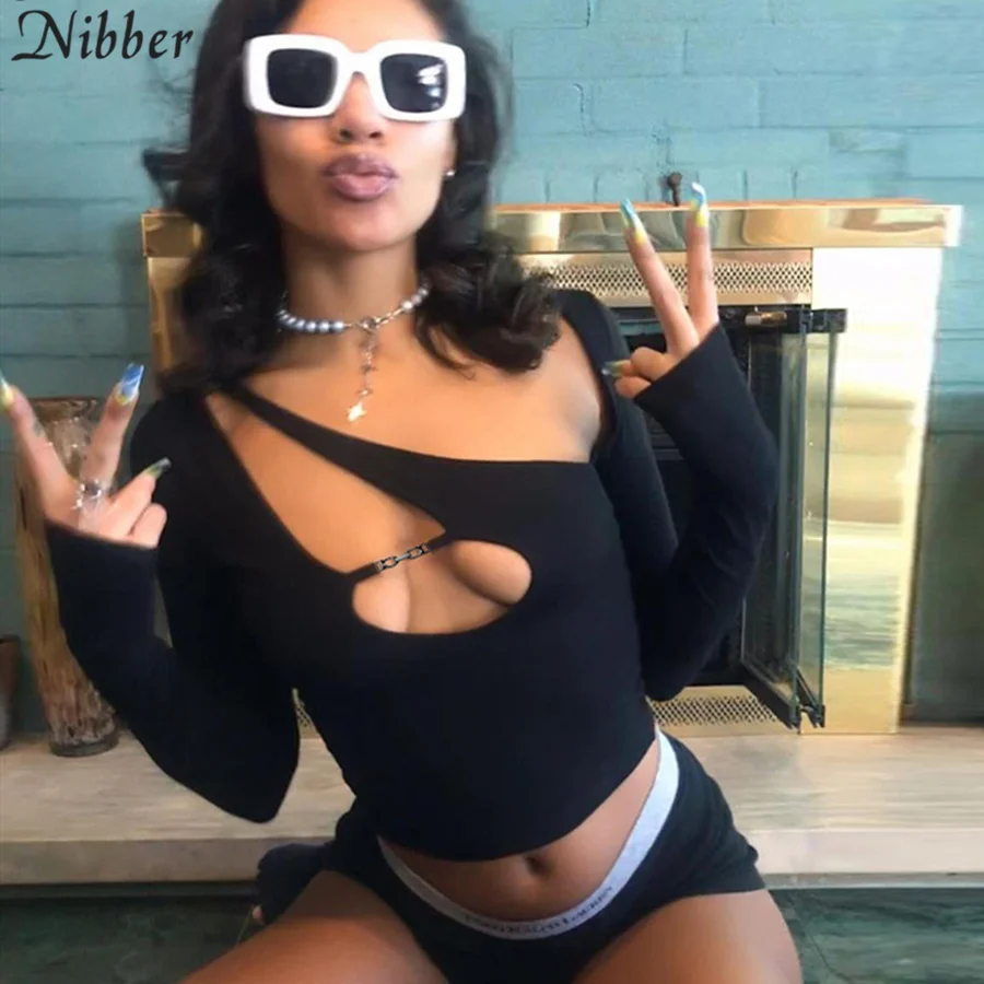 Nibber Hollow Out Crop Top Y2K Punk Tee Shirts For Women Asymmetrical Gothic Streetwear 2021 Spring Sexy Skinny Club Clothes | Женская
