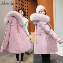 

Flower Jie Winter Jacket Women 2021 Hooded Big Fur Collar Plus Size Down Cotton Coat Female Casual Slim Warm Long Parka Mujer