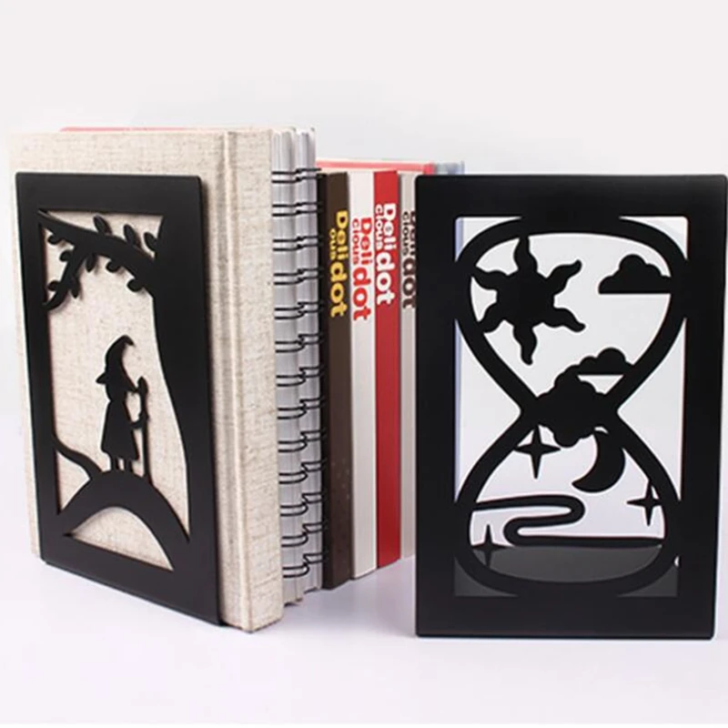 Book Holder Book Organizer Hollow-out Metal Bookends Hourglass Design Metal Bookends for Home Office Decorative Book Stoppers