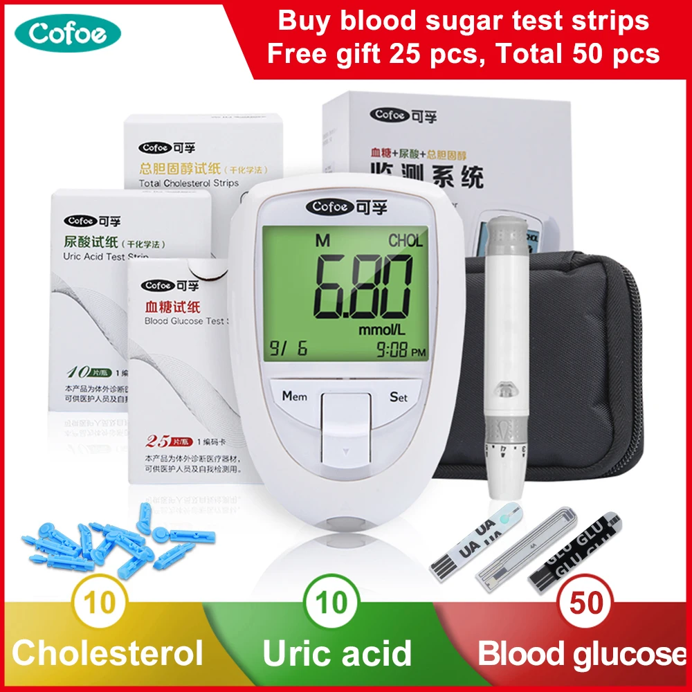 Ceny Cofoe 3 w 1 Monitor cholesterolu Tester kwasu moczowego glukometr do pomiaru glukozy we krwi zestaw z paski testowe lancety cukrzyca multi monitor urządzenia