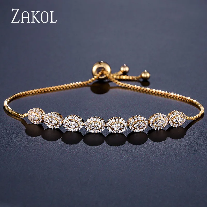 Gold Color ZAKOL модный браслет с овальным цирконием и кристаллами, регулируемый браслет для женщин, розовое золото, свадебные украшения FSBP2061 - Окраска металла: Gold Color