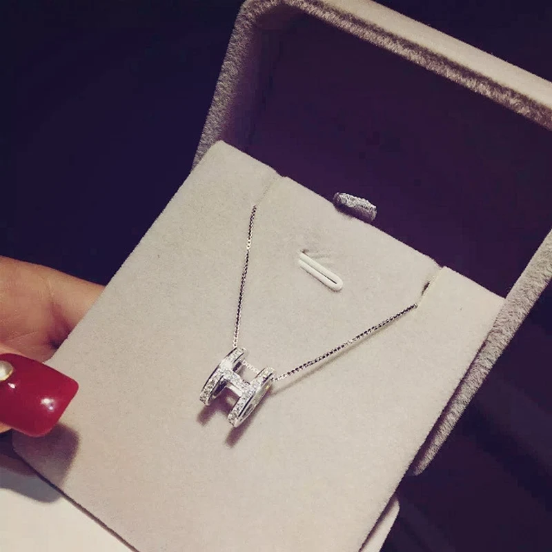 

Hot Zircon Pure 925 Sterling Silver H Letter Collar Necklace Full Zircon Happy letter H Charm Necklace Wedding Jewelry