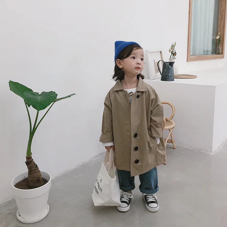 Однотонный длинный Тренч в Корейском стиле для мальчиков и девочек, большие размеры детские повседневные однобортные куртки из хлопка, пальто