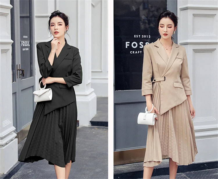 [EWQ] осень зима тонкий черный складчатый Блейзер платья корейский стиль элегантный офис леди миди СОЛИД женское платье QL442XL