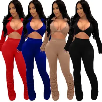 

New Winter Women Sets Turn-down Collar Full Sleeve Crop Tops+ Pants Suit Heap Heap Two Piece Sets Solid Color Outfits .