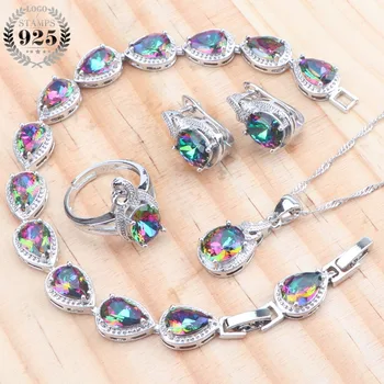 

Rainbow Zirconia 925 Sterling Silver Bridal Jewelry Sets For Women Wedding Jewelry Earrings Ring Bracelets Necklace Set Gift Box