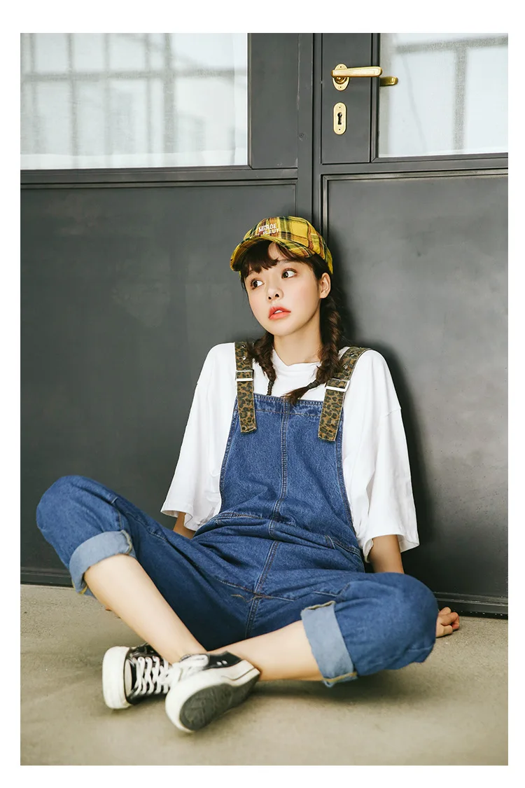 Осень, корейский стиль, INS Super Fire, свободный крой, универсальный, леопардовый узор, на лямках, женский комбинезон, джинсы, штаны на подтяжках