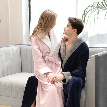 

Lovers Winter Long Flannel Coral Fleece Warm Solid Bathrobe Women Men Kimono Pink Bath Robe Dressing Gown