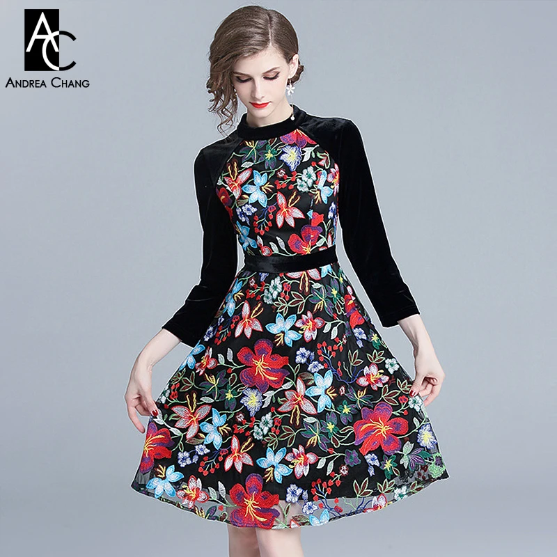

S-XXL spring autumn woman dress black velvet sleeve colorful floral pattern embroidery knee length a-line fashion vintage dress