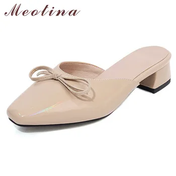 

Meotina Snake Print Women Pumps Bow Mid Heel Mules Shoes Square Toe Thick Heels Footwear Female Summer Apricot Black Size 33-46