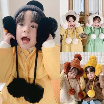 

Boys And Girls Kids Baby Cute Solid Wool Warm Helmet Big Hair Ball Plush Hat Cap Pompom Baby hat baby Photography Props шапка