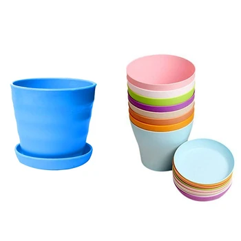 

Plastic Round Flower Plant Pot Planter Holder with Tray Blue & 8 Pcs 4 Inch Small Plant Pots Colorful with Pallet/Trays
