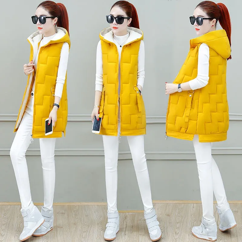 

Sleeveless Jacket Autumn Winter Slim Women Outerwear Warm Down Cotton Long Vest Jacket Female Elegant Hooded Coat Waistcoat