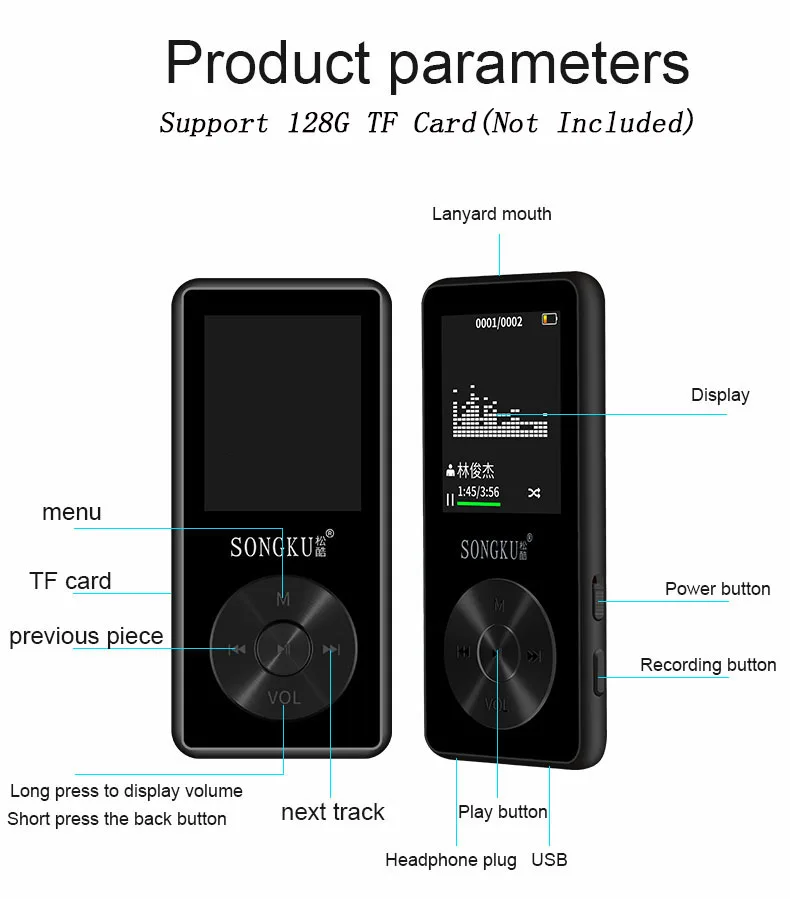 

MP3 Player Large Memory Capacity MP3 Player Support 128GB Lossless Sound Music Player Portable Voice Recorder FM Radio Player