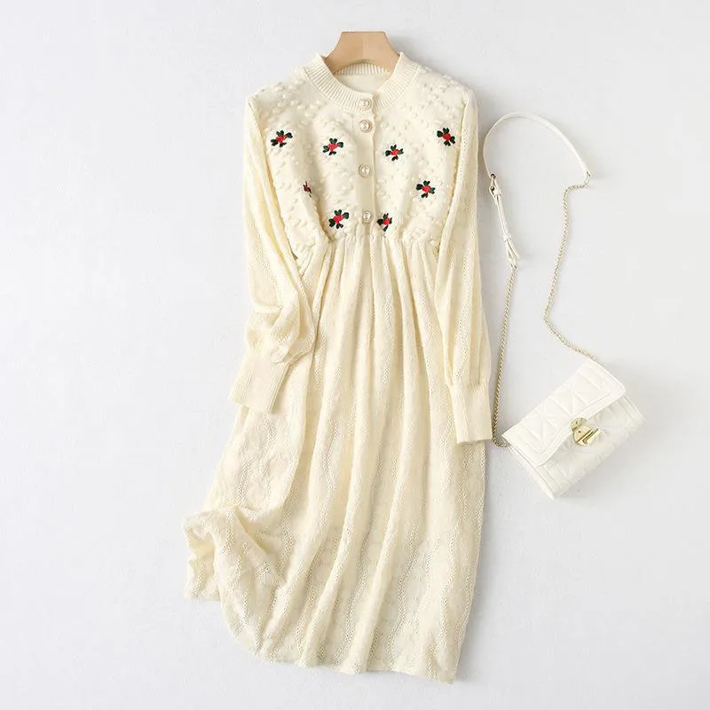 

Женское трикотажное однобортное платье-свитер, Элегантное трикотажное платье с высокой талией и длинным рукавом, с вышивкой, осень 2021