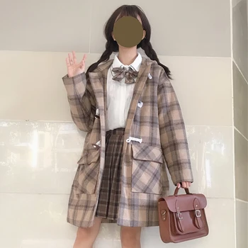 

2020 spring new style Japanese-style soft sister Little loose wild woolen coat and long sections plaid woolen coat