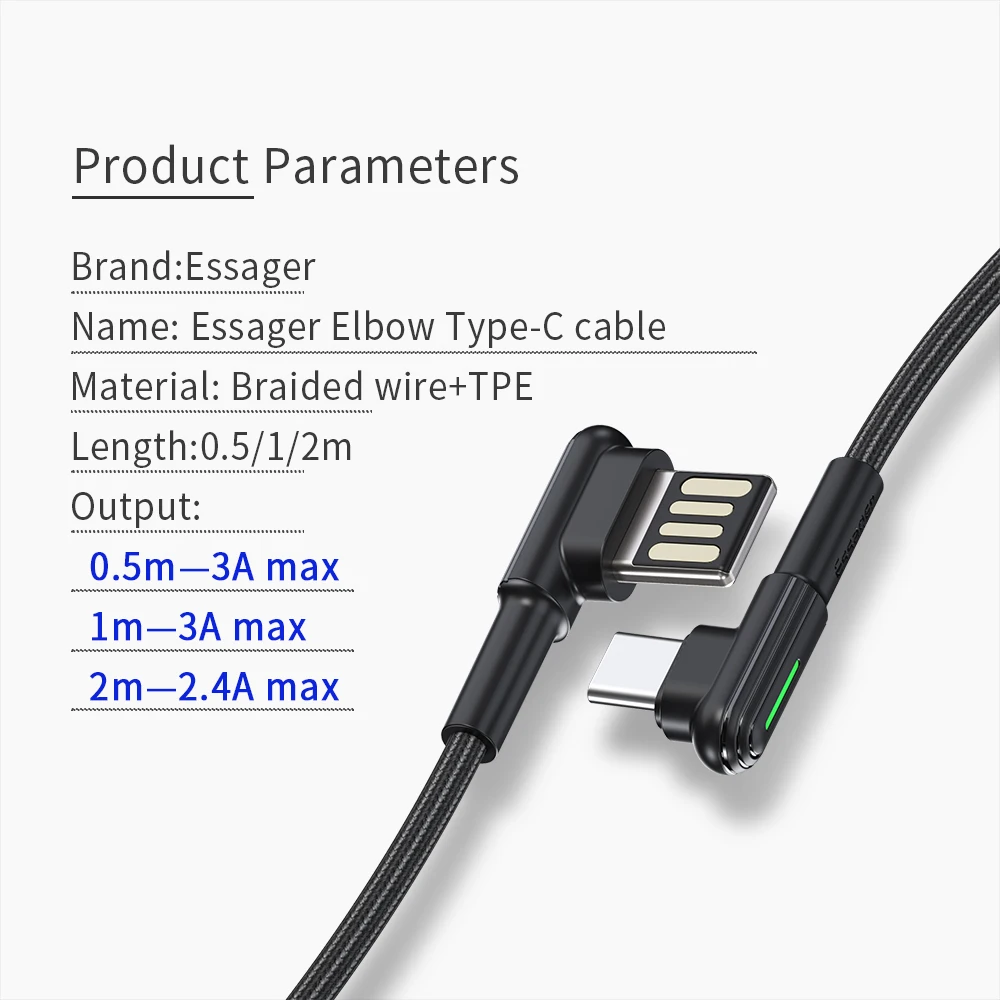 Кабель Essager usb type C 90 градусов USBC шнур для samsung Xiaomi Redmi Note 7 3A Быстрая зарядка зарядное устройство кабель для мобильного телефона USB-C