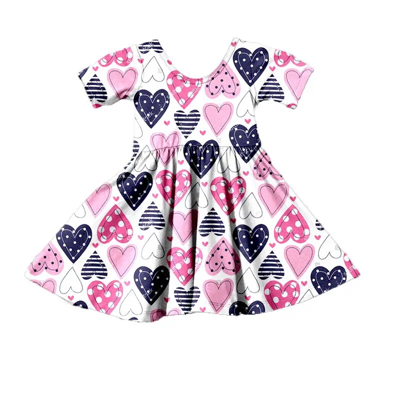 

Childrens Clothing Girls Dress For Kids Knit Cotton Clothes Girls V-day Heart Print Dress Baby Short Sleeve Pink Twirl Dresses