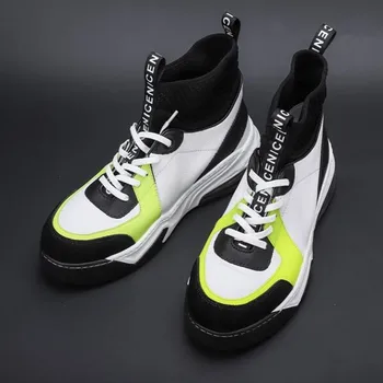

Mixed Color Leather Personality Patchwork Mens Outdoor Sport Lace Up Thick Bottom Increase Stretch High Top Casual Shoes