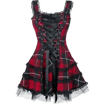 Dress Women Classic Frill Lace Dresses Sleeveless Plaid Vintage Gothic Mini Dresses Ball Gowns Cosplay Costume Plus Size Dress 1