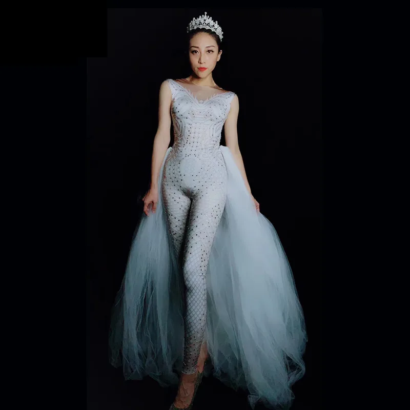 

Christia Bella Women Fashion Nightclub Dance Stage Jumpsuits Mesh Singer Performance Rompers Rhinestone Party Leotards