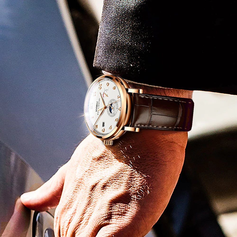 LOBINNI メンズ ステンレススチール ドレス メカニカル 自動巻き カレンダー ラグジュアリー アナログ時計 ビジネス (シルバー・ホワイト-L) 並行輸入品