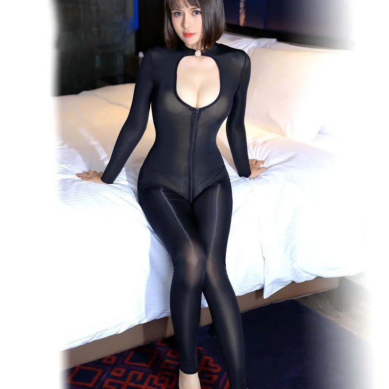 Sexy Throught Long Zipper Bodysuits Women Super Thin Hollow Out Chest Bodysuit Hight Elastic Full-body Invisible Zipper Bodysuit